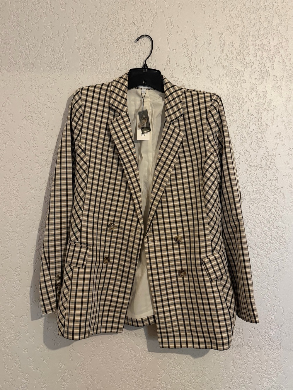 Express Cream and Black Plaid Double-Breasted Blazer